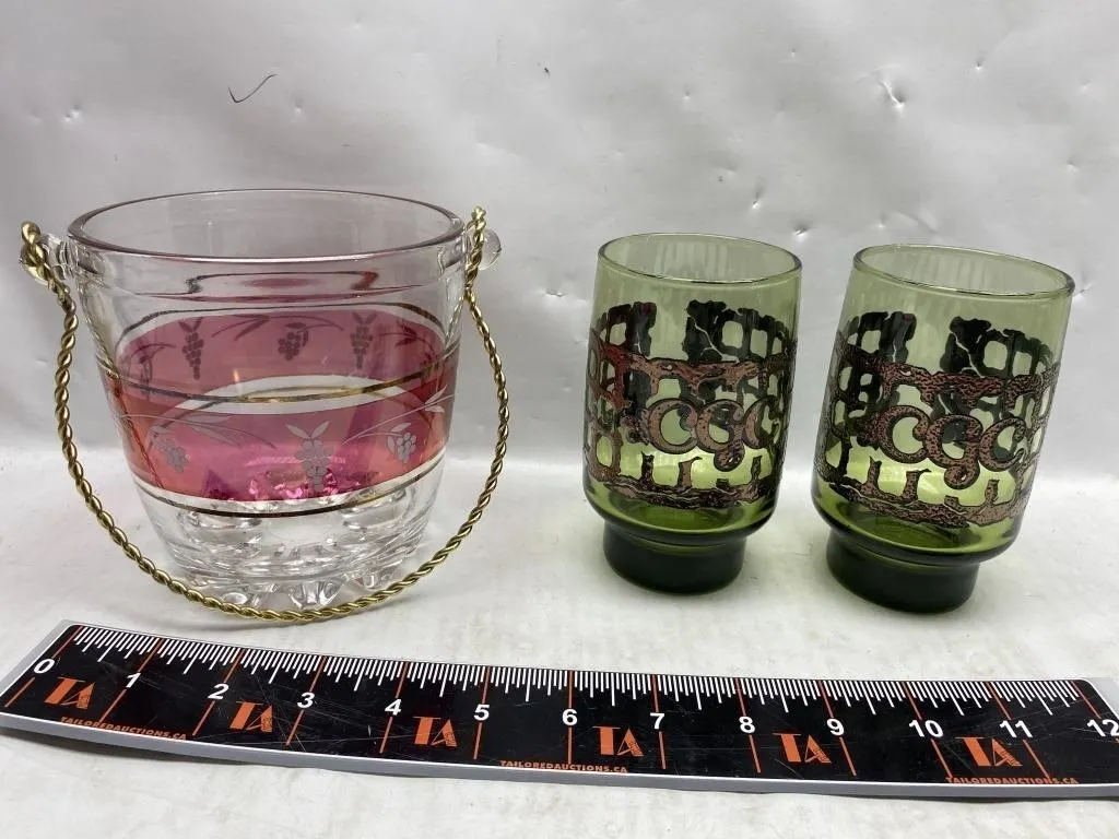 Pink & Gold Ice Bucket with 2 Green Mosaic Glasses