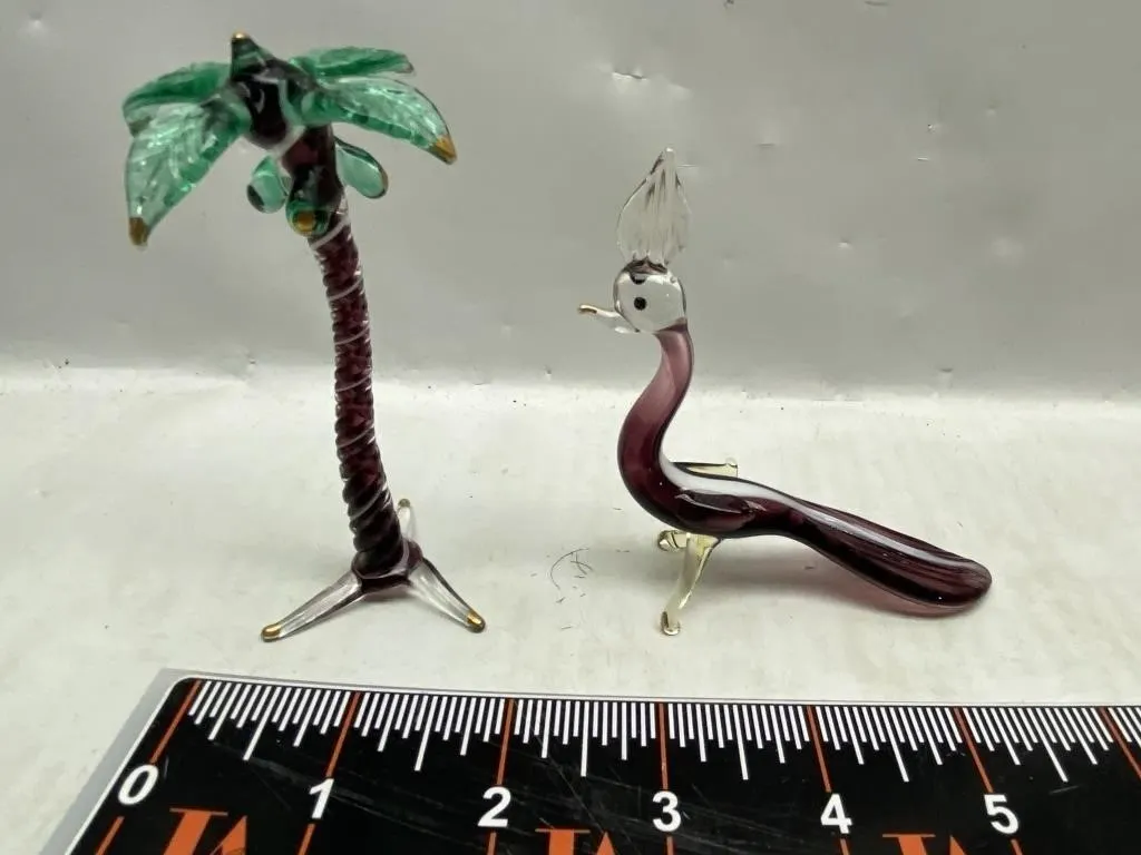 Art Glass Palm Tree & Peacock Figurines, Set of 2