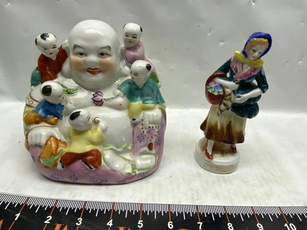 Porcelain Figurines: Laughing Buddha & Lady Figure