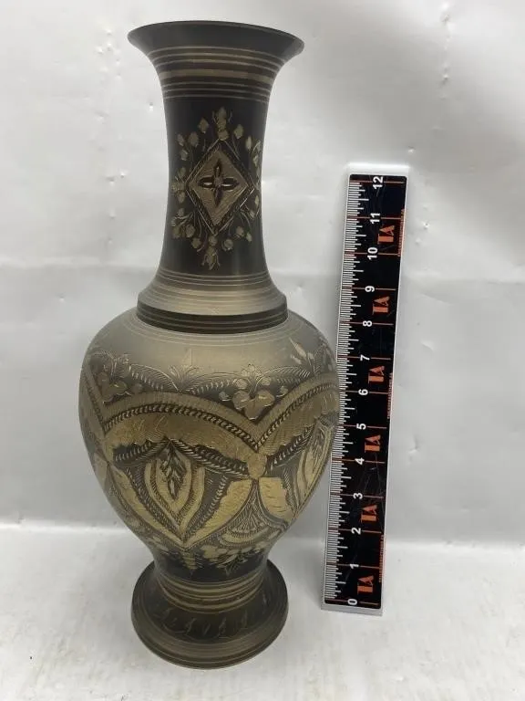 Solid Brass Etched Vase, Made in India