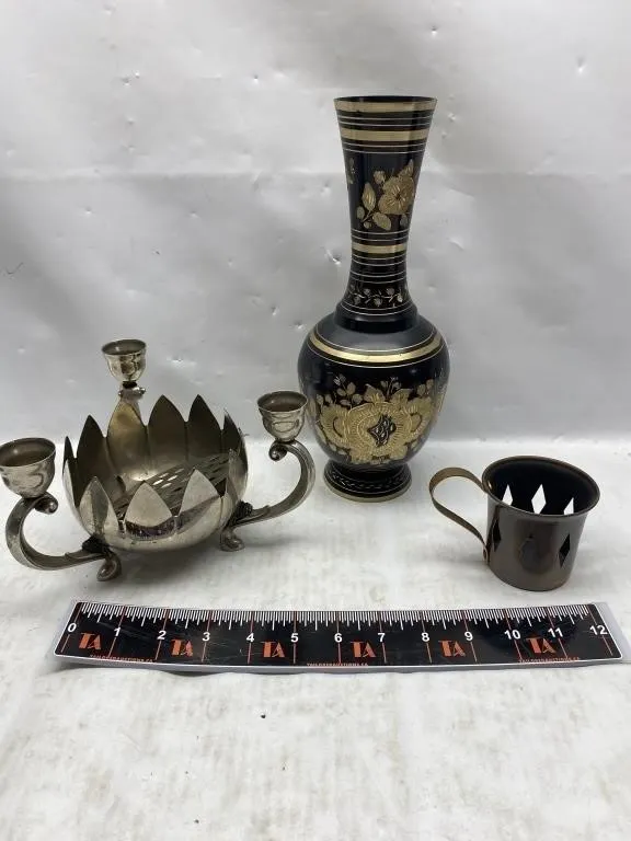 Brass Vase, Silver-Plate Candle Holder & Bronze