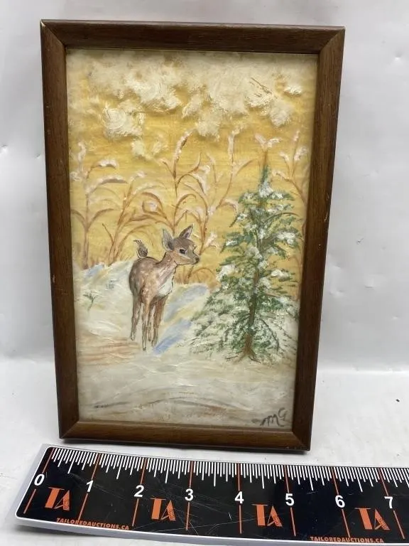 Framed Deer in Winter Woods Painting