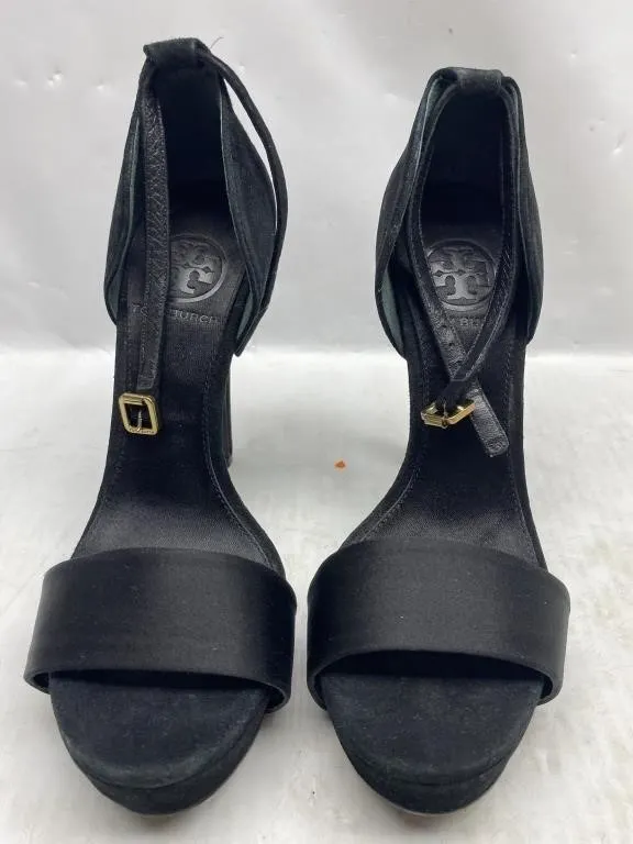 Tory Burch Black Satin & Suede Ankle-Strap Heels