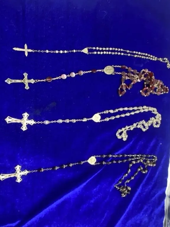 Four vintage rosaries with crosses, mixed beads