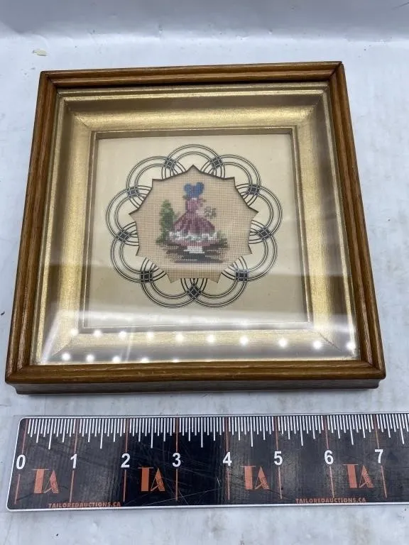 Framed Needlepoint Girl in Bonnet Picture