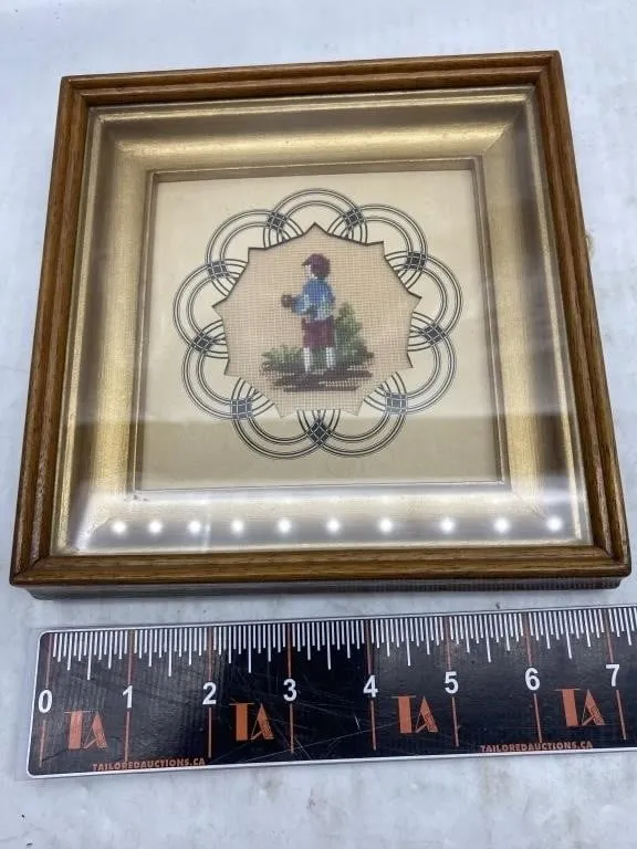 Framed Needlepoint Boy in Garden Scene