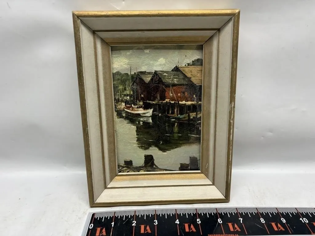 Framed Harbor Scene Print with Boats & Dock