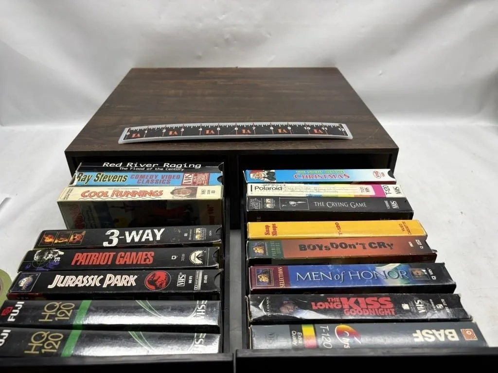 VHS Storage Box with Movies & Logitech Speakers