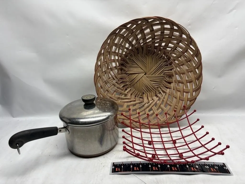 Stainless Saucepan, Woven Basket & Red Wire Rack