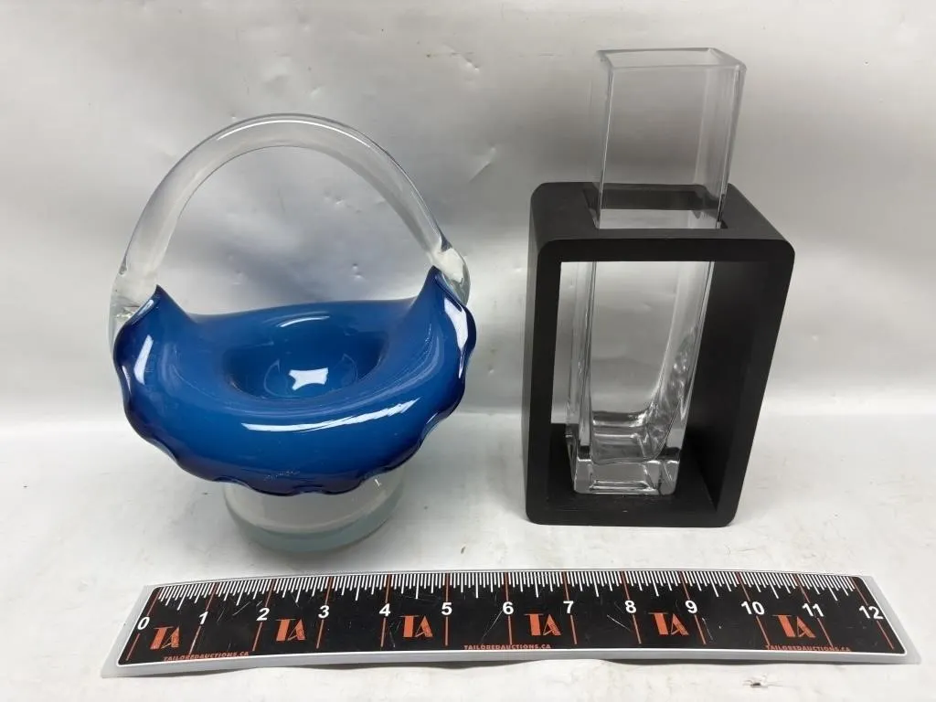 Blue Art Glass Basket & Glass Vase with Wood Stand