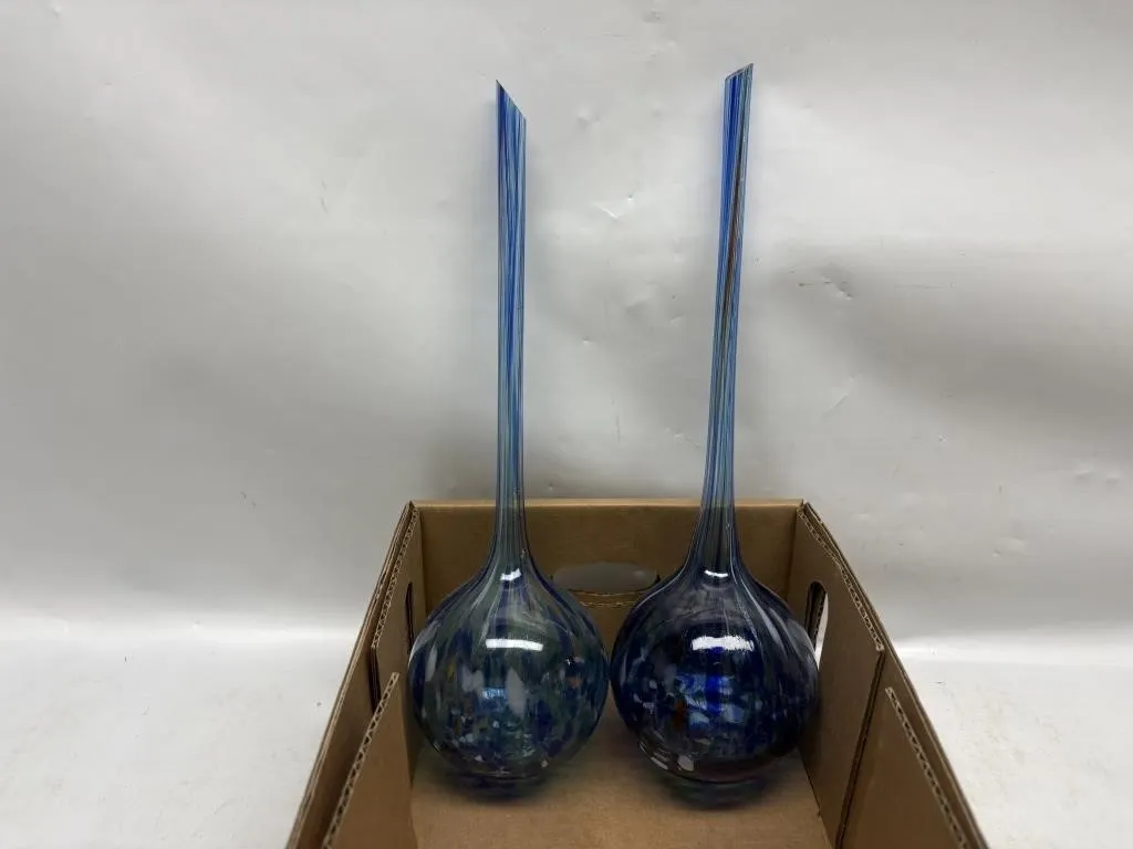 Pair of Art Glass Bottle Vases, Blue Swirl