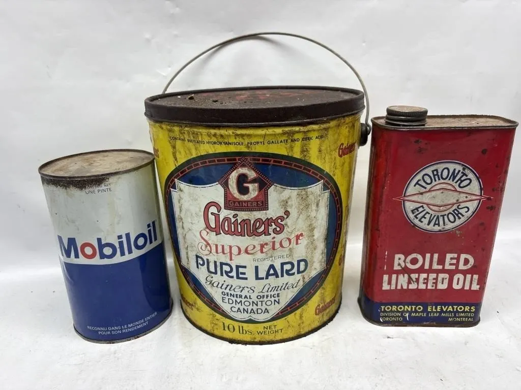 Vintage Tins: Mobiloil, Gainers' Pure Lard, Boiled