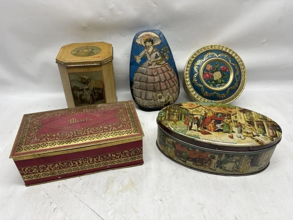 Vintage decorative tins collection, 5 pieces
