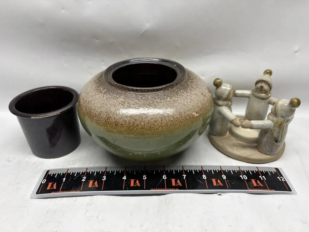 Glazed Pottery Bowl, Vase & Snowman Figurine Trio
