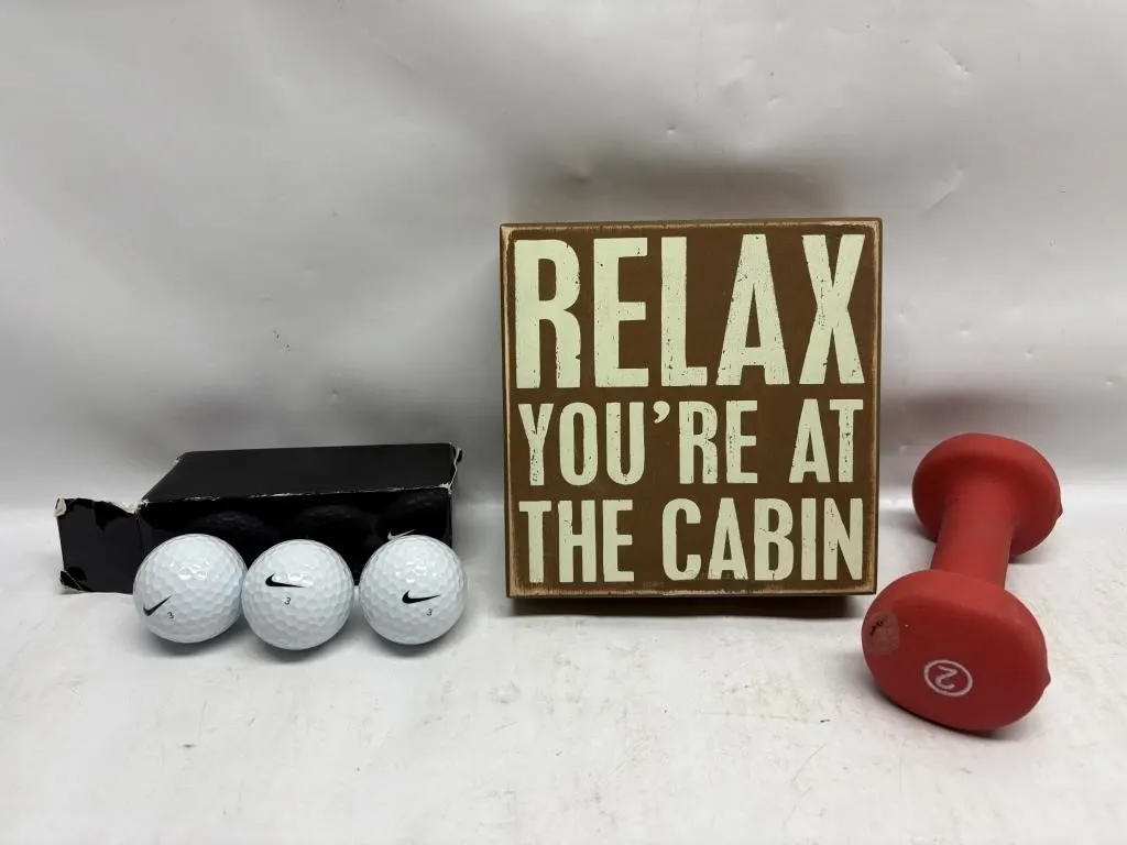 Golf Balls, Cabin Sign & 2lb Dumbbell