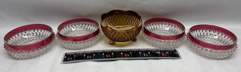 Cranberry Diamond-Cut Glass Bowls & Amber Footed