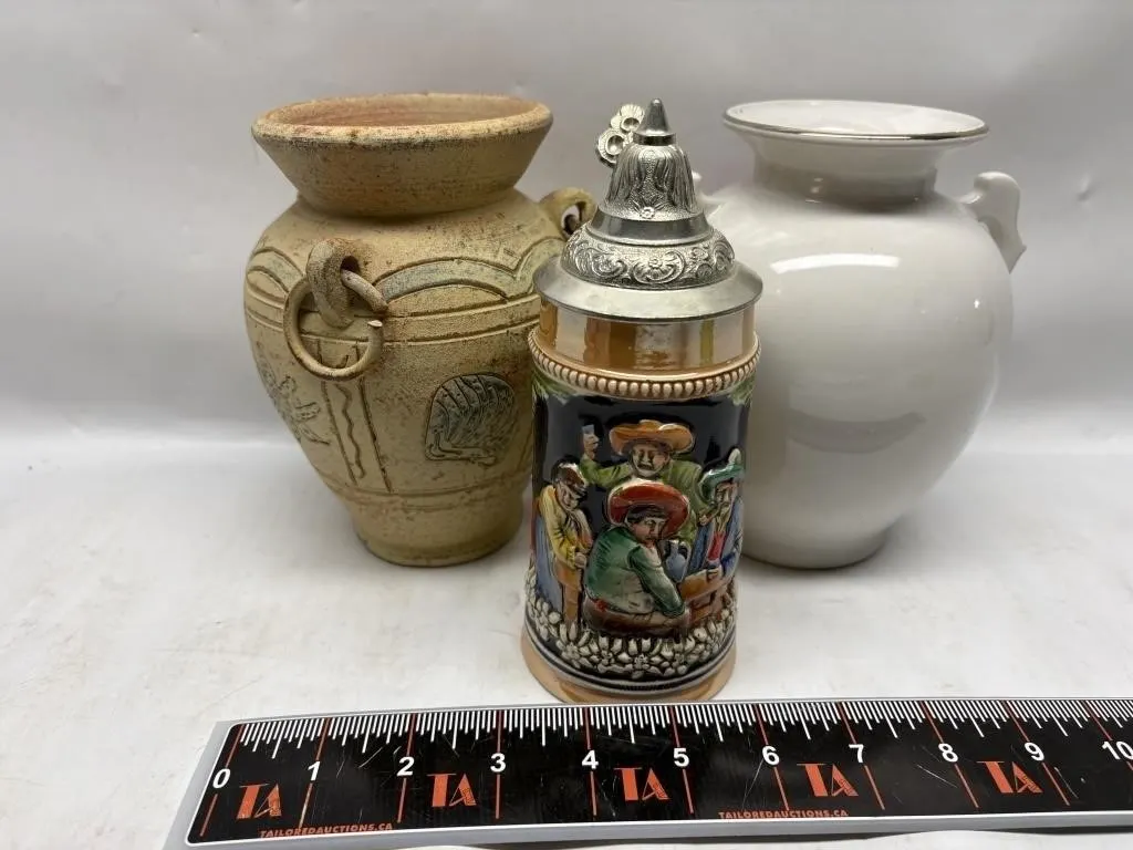 Ceramic vases and beer stein, group of 3