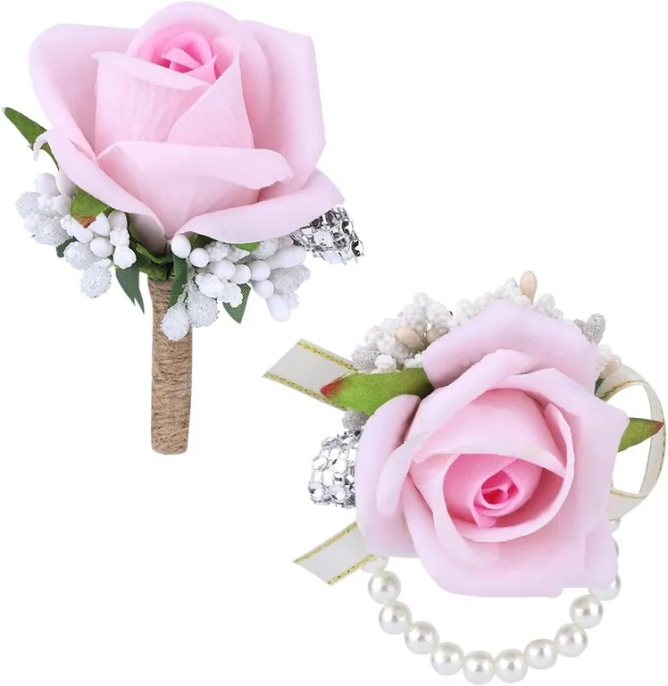 NEW 2pcs Pink Rose Corsage and Boutonniere Set,...