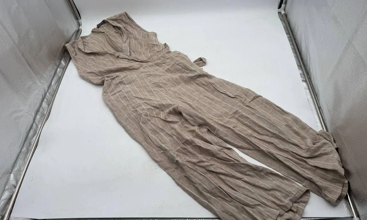 Suzy Shier Beige Striped Wide Leg Jumpsuit Approx