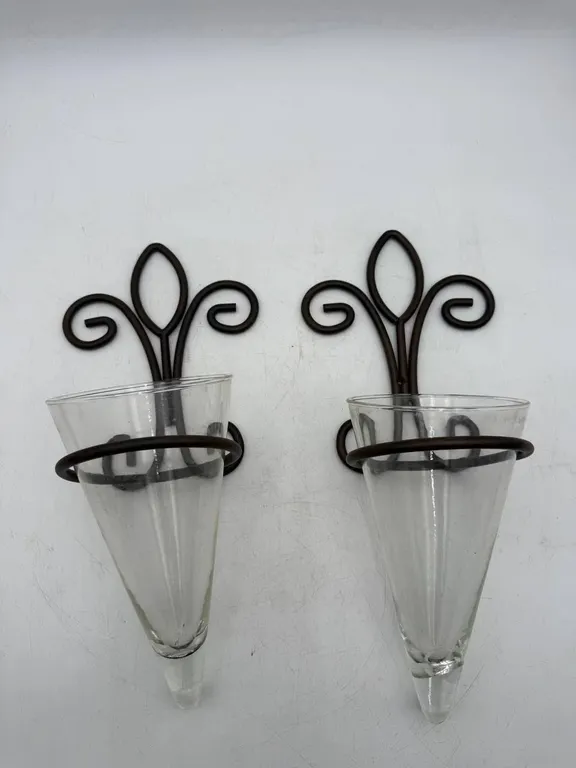 Set of 2 Metal Wall Sconce Glass Vases