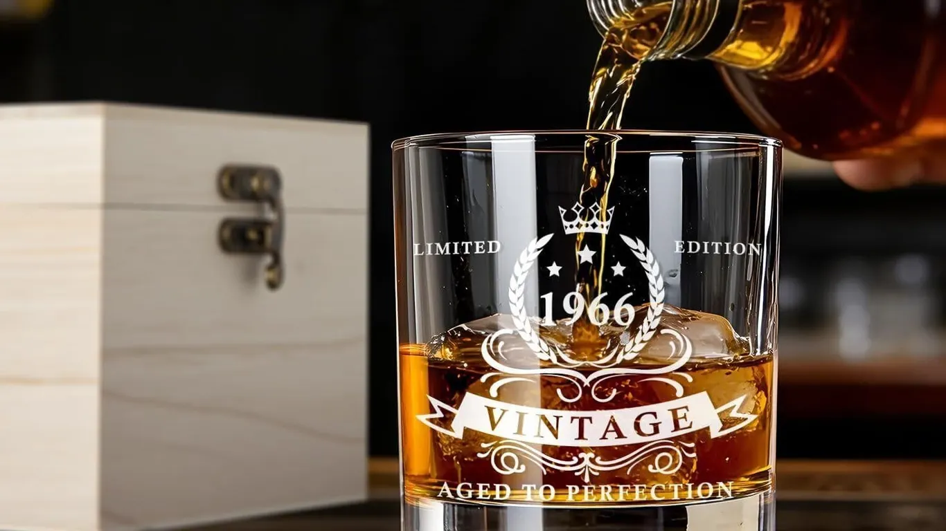 NEW $55 1965 Birthday Whiskey Glass w/Wood Box