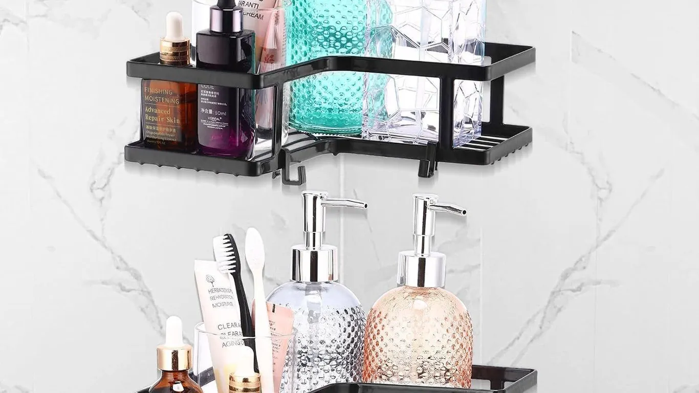 NEW $42 2PK Adhesive Corner Shower Caddy Shelves