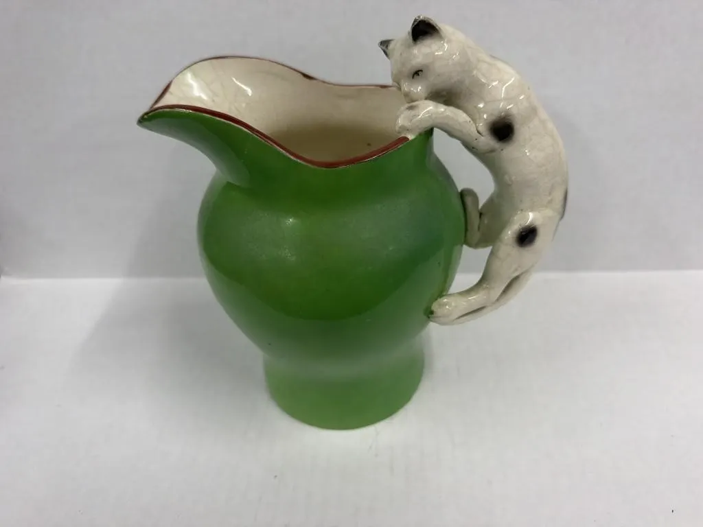 Ceramic Creamer Cat Handle Green Pitcher. 6� Tall