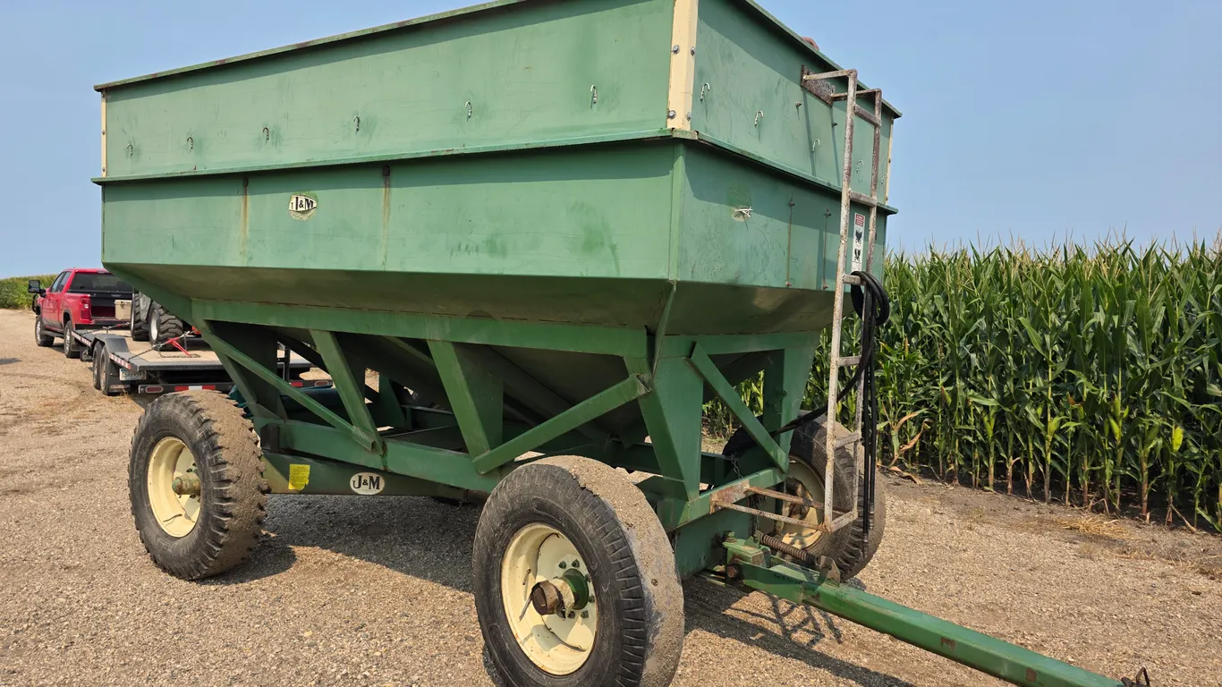 J+M 350-20 Gravity Box with Drill Fill, Tarp, Extendable Hitch, 10.00-20 Tires on 8 Bolt Rims, SN: 2