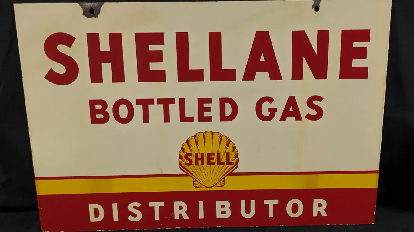 PORCELAIN SIGN SHELLANE BOTTLED GAS DISTRIBUTOR SHELL OIL COMPANY (2 SIDED)
