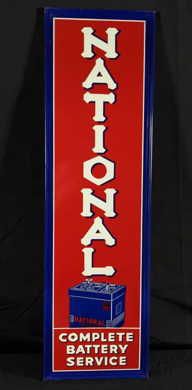 EMBOSSED TIN SIGN NATIONAL BATTERIES COMPLETE BATTERY SERVICE