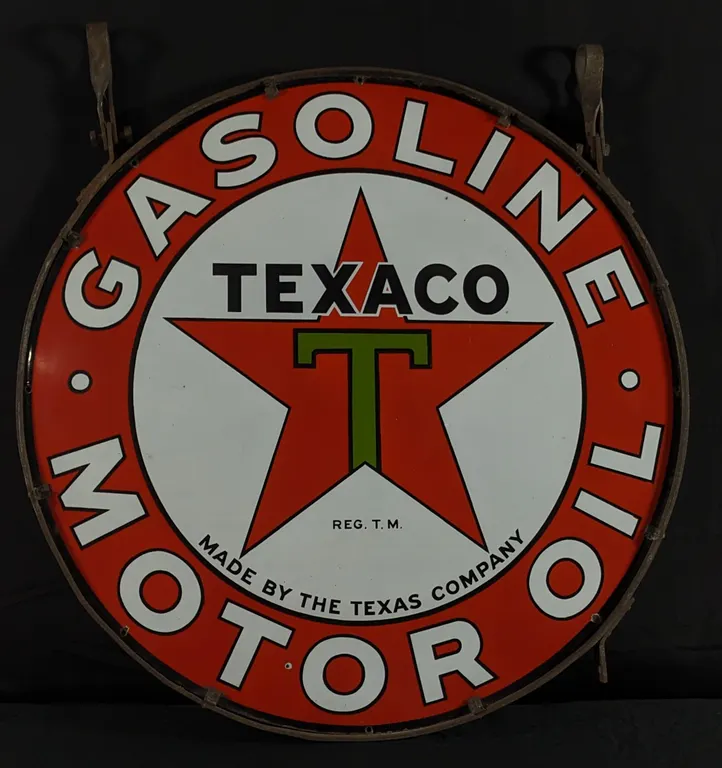 PORCELAIN TEXACO GASOLINE MOTOR OIL SIGN IN ORIGINAL IRON RING (2 SIDED)