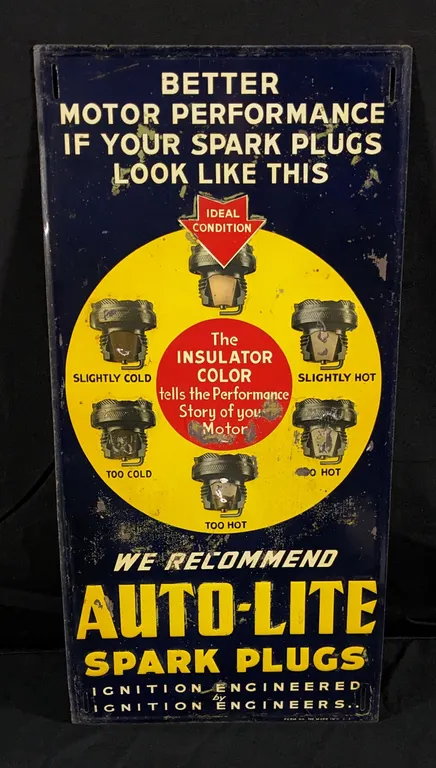 EMBOSSED TIN SIGN WE RECOMMEND AUTO-LITE SPARK PLUGS