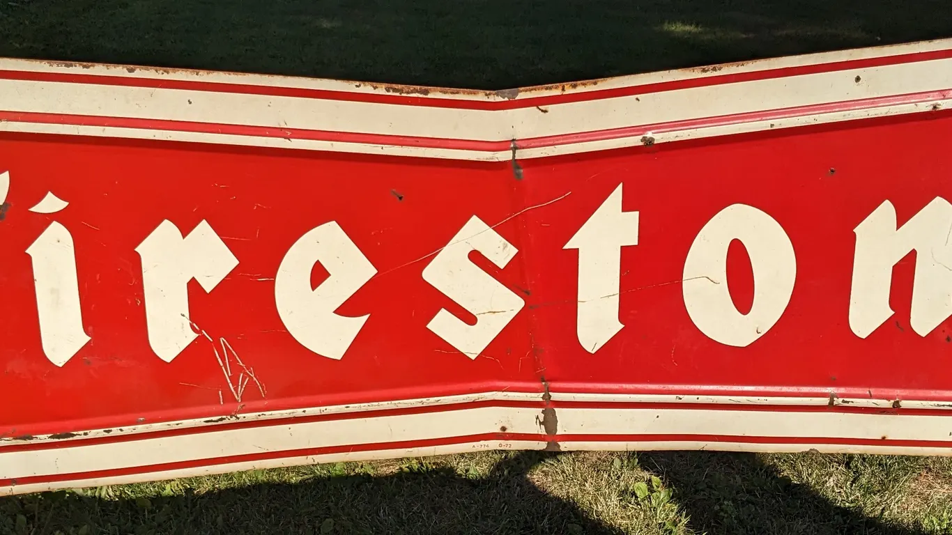 LARGE (PATINA) TIN FIRESTONE TIRES BOWTIE SIGN