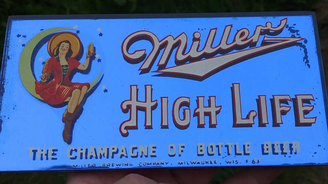 MCM BLUE GLASS MIRROR SIGN MILLER HIGH LIFE THE CHAMPAGNE OF BOTTLED BEER MILWAUKEE WISCONSIN