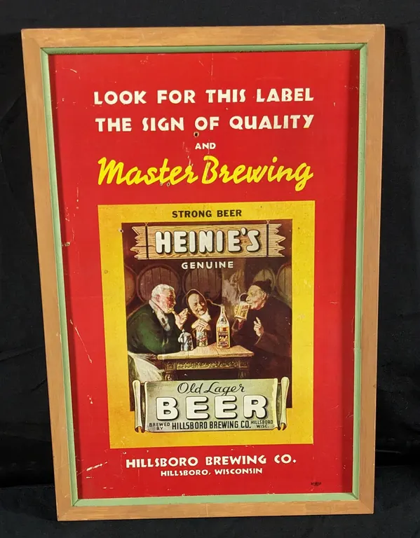 CARDSTOCK SIGN HEINIE'S OLD LAGER BEER HILLSBORO WISCONSIN