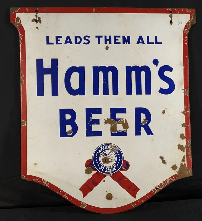 PORCELAIN SIGN HAMMS BEER LEADS THEM ALL (2 SIDED)