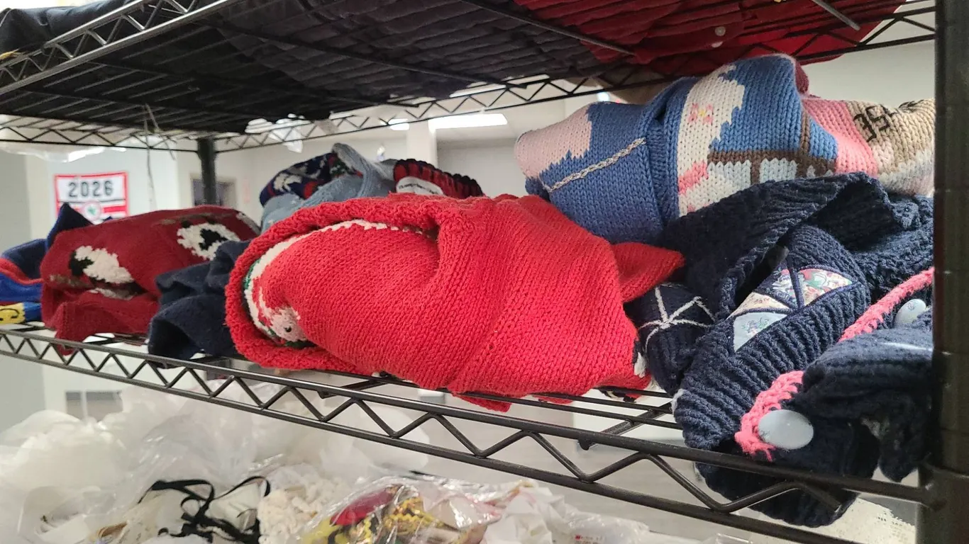 Colorful Knit Sweaters on 5th Shelf, 3rd Cart, Featuring Decorative and Themed Designs, Various Size