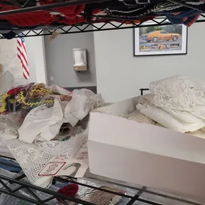 Textile and Trim Collection From 4th Shelf of 3rd Cart: Lace, Fabric Pieces, Trim, Notions, and Hand