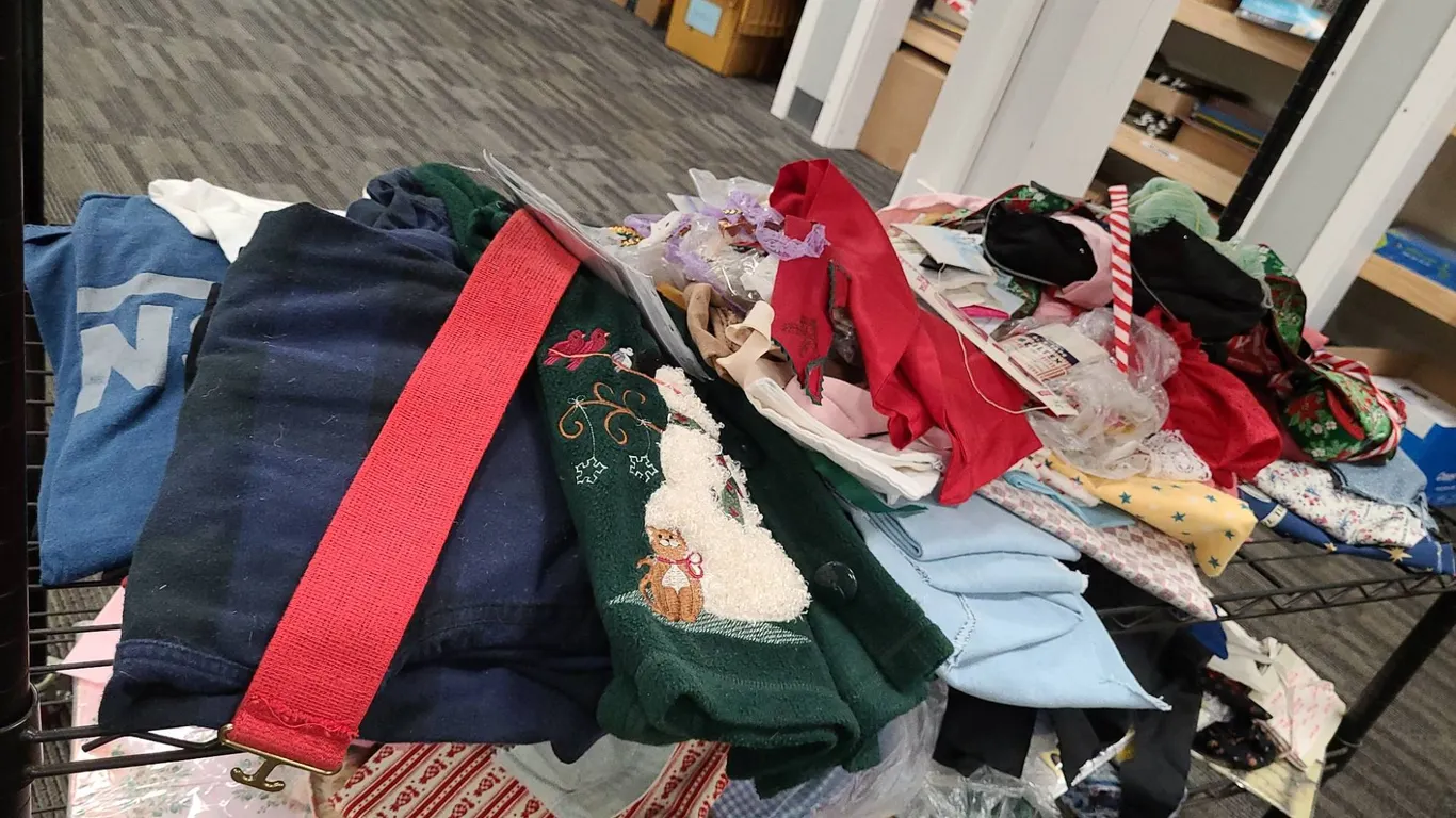 Extensive Assortment of Sewing Notions, Fabric Scraps, Yarn, and Trims from 2nd Shelf of the Bottom