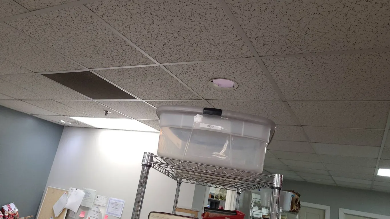 Two Plastic Storage Tubs With Lids and One Lidless Tub on Metal Rack Top Shelf, Mixed Brand and Tran