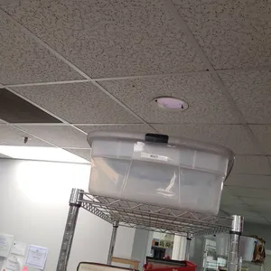 Two Plastic Storage Tubs With Lids and One Lidless Tub on Metal Rack Top Shelf, Mixed Brand and Tran