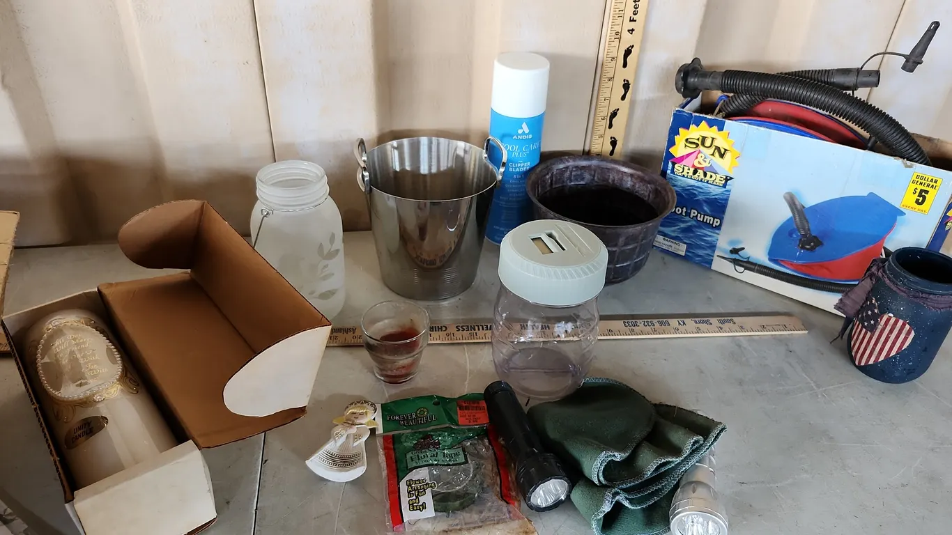 Bucket, Planter, Candles, Coin Counter, Foot Pump, Etc.