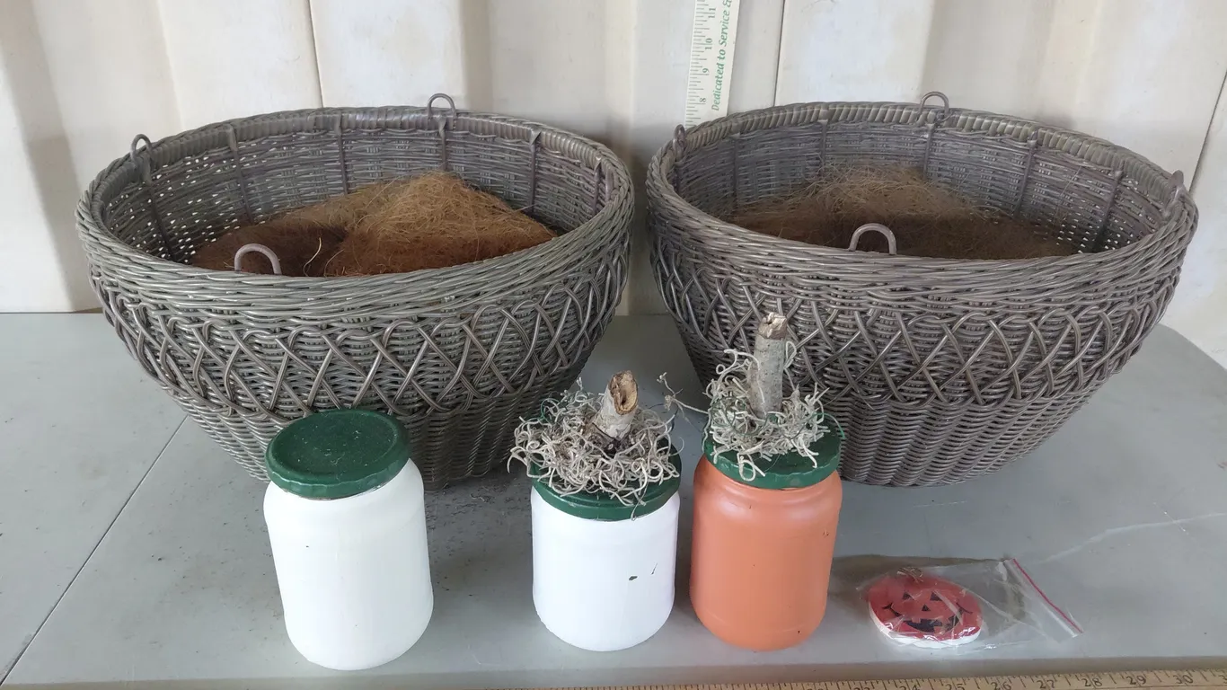 3 Painted Jars & 2 Wicker Baskets 14.5"X8"