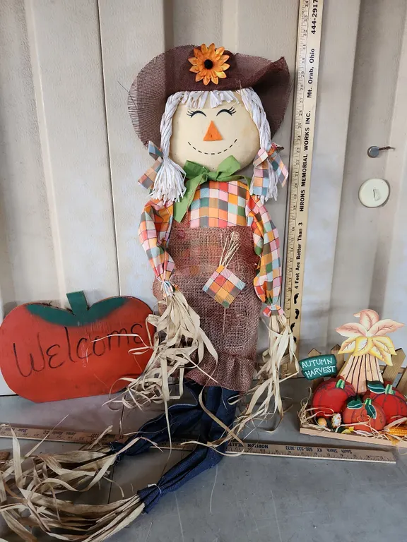 Scarecrow, Wood Pumpkin, & Wood Autumn Harvest