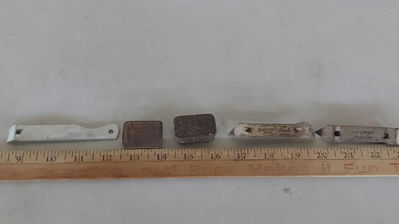3 Vintage Bottle Openers & 2 Advertising Tins W/Tire Valve Stems