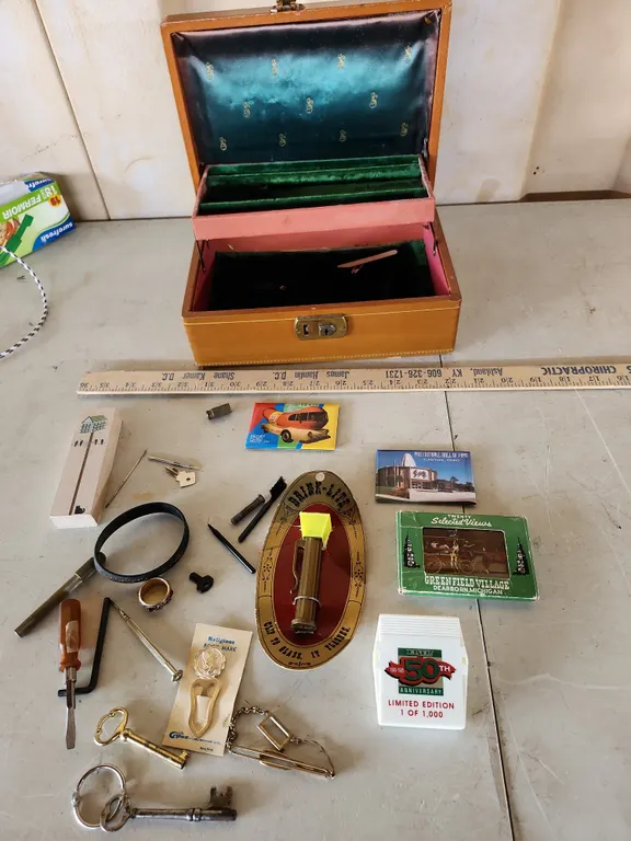 Size 7 Ring, Cats Meow Birdhouse, Magnets, Skeleton Keys, Miniature Postcards, Jewelry Box, Etc.