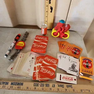 Vintage Coca Cola Items-Mini Can, Cycle On Bike, Playing Cards, Kids Watch Band, Pen, & Noise Maker