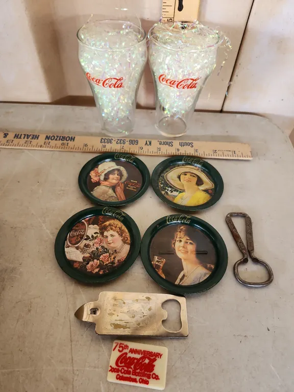 2 Coca Cola Glasses, 4 Metal Coasters, & 2 Metal Bottle Openers