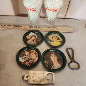 2 Coca Cola Glasses, 4 Metal Coasters, & 2 Metal Bottle Openers