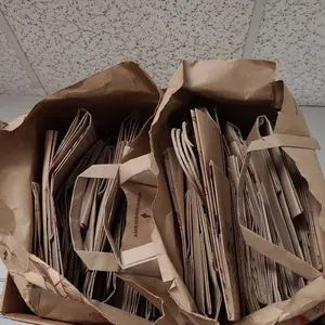 Box Containing Assorted Paper Bags with Handles, Folded and Stored in Cardboard Container for Storag